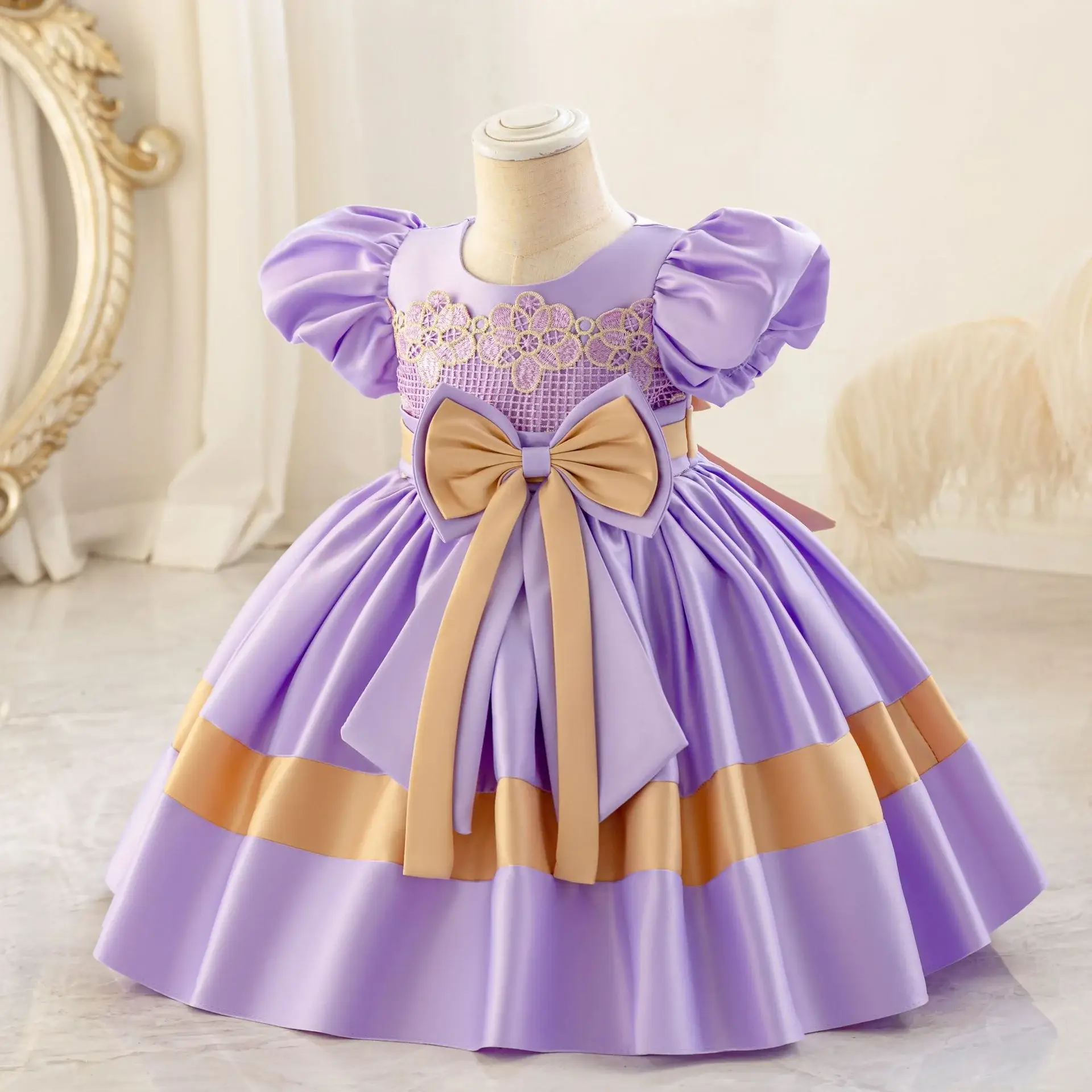 Girls' Pink Satin Bow Dress with Lace Puff Sleeves — feature 20