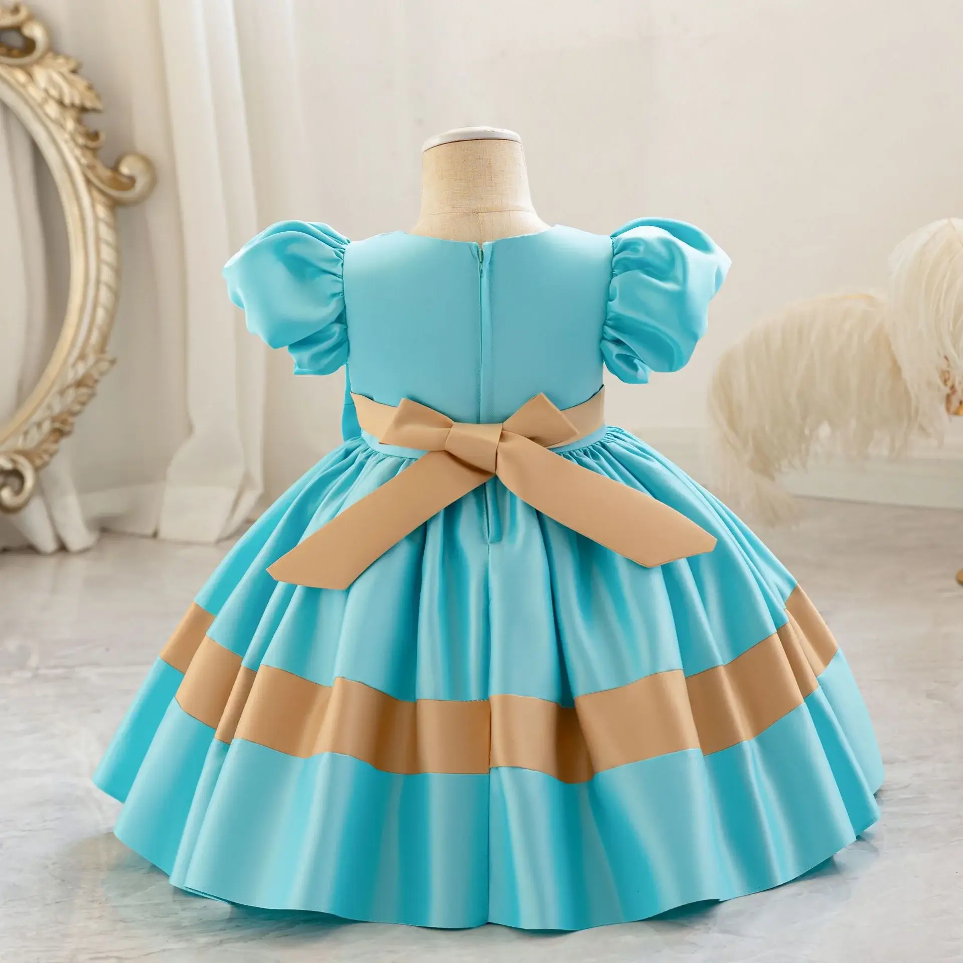 Girls' Pink Satin Bow Dress with Lace Puff Sleeves — feature 25