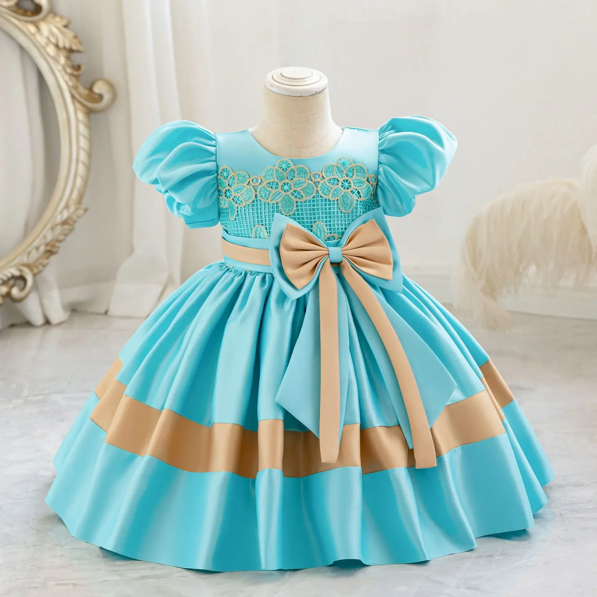 Girls' Pink Satin Bow Dress with Lace Puff Sleeves — feature 26