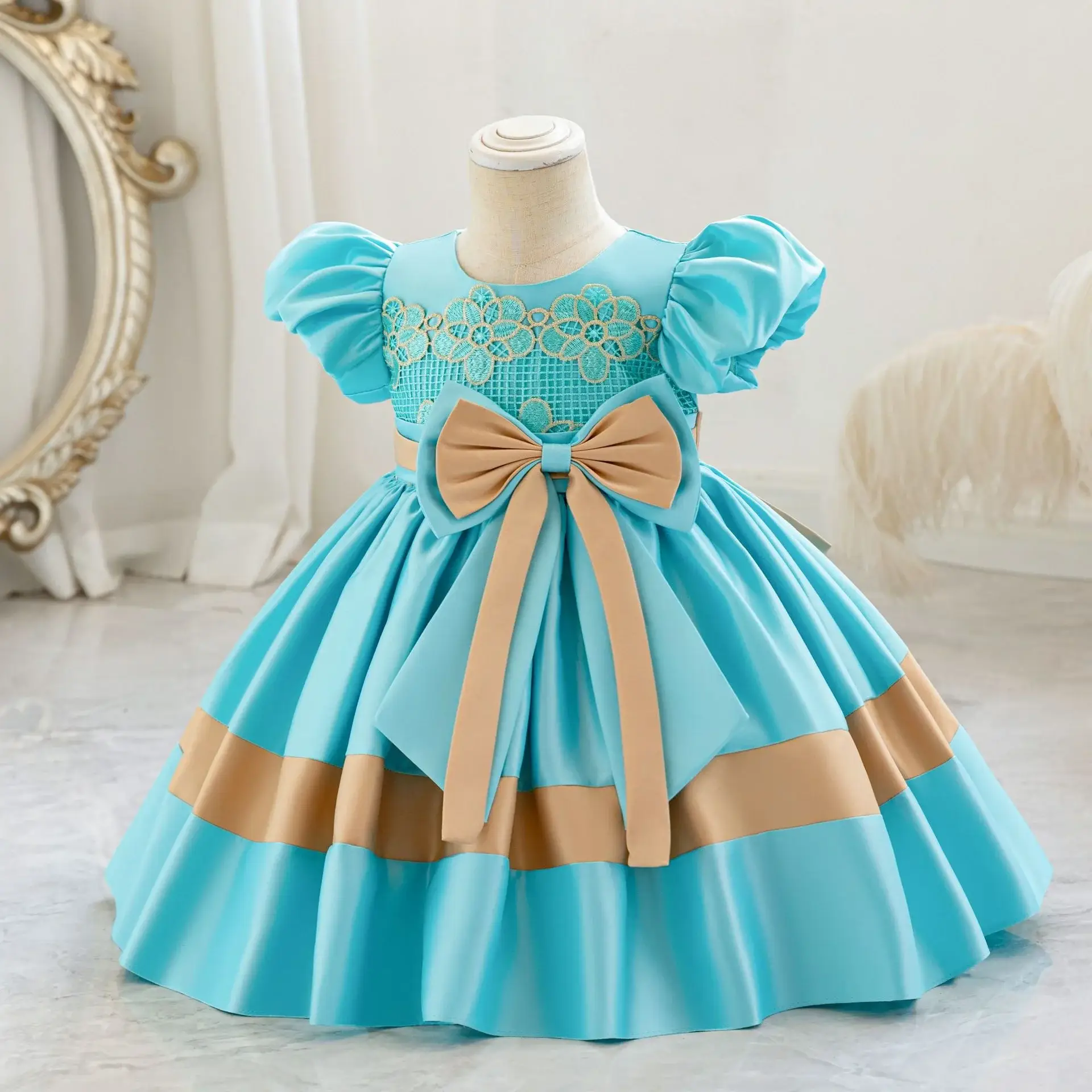 Girls' Pink Satin Bow Dress with Lace Puff Sleeves — feature 27