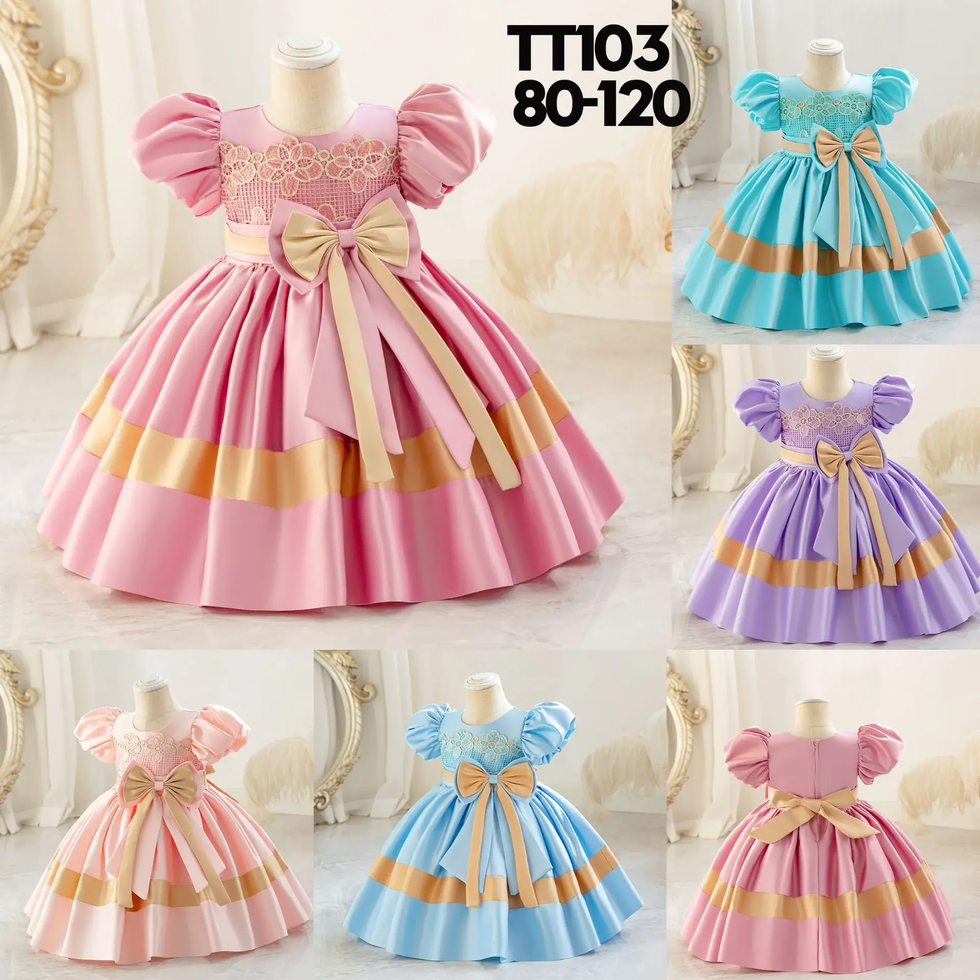 Girls' Pink Satin Bow Dress with Lace Puff Sleeves — feature 3