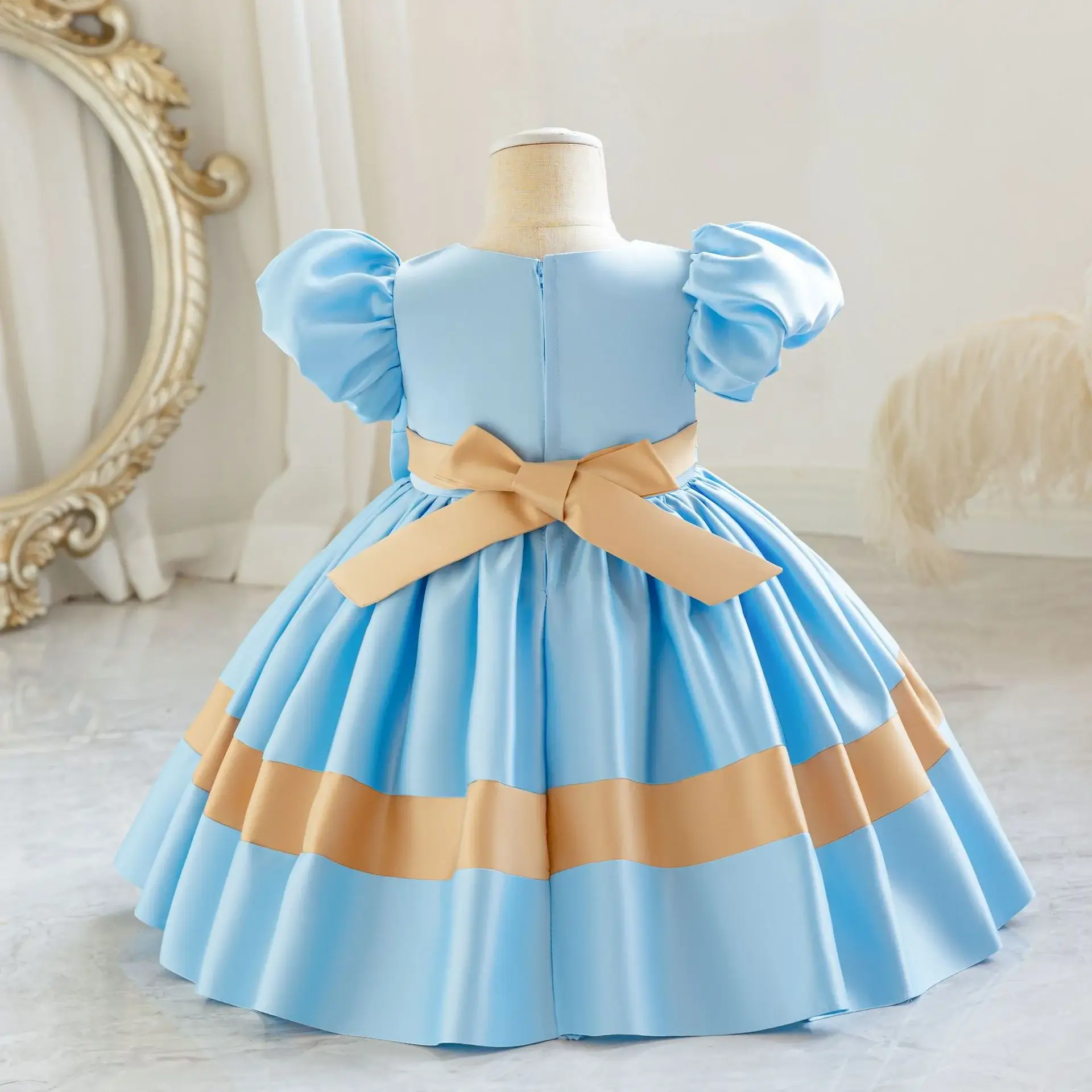 Girls' Pink Satin Bow Dress with Lace Puff Sleeves — feature 31