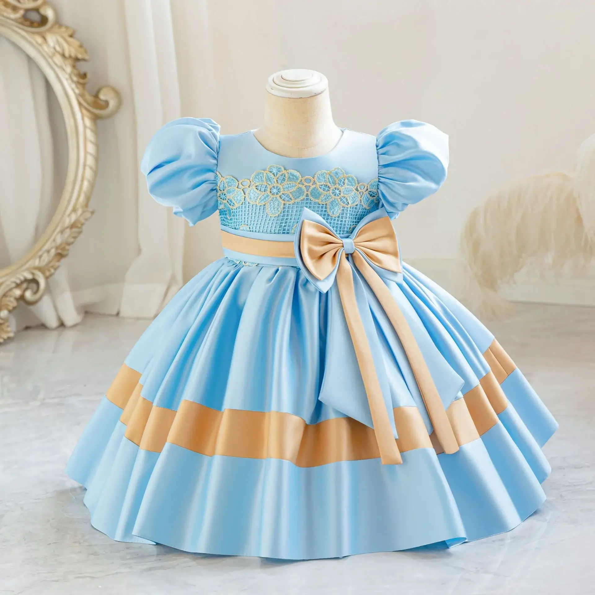Girls' Pink Satin Bow Dress with Lace Puff Sleeves — feature 32