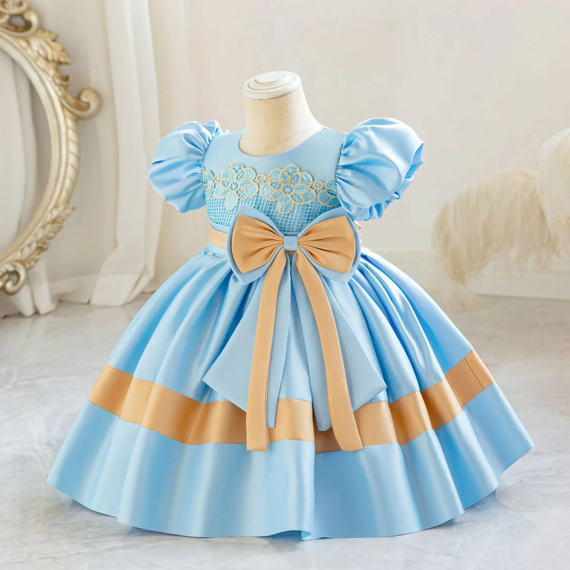 Girls' Pink Satin Bow Dress with Lace Puff Sleeves — feature 33