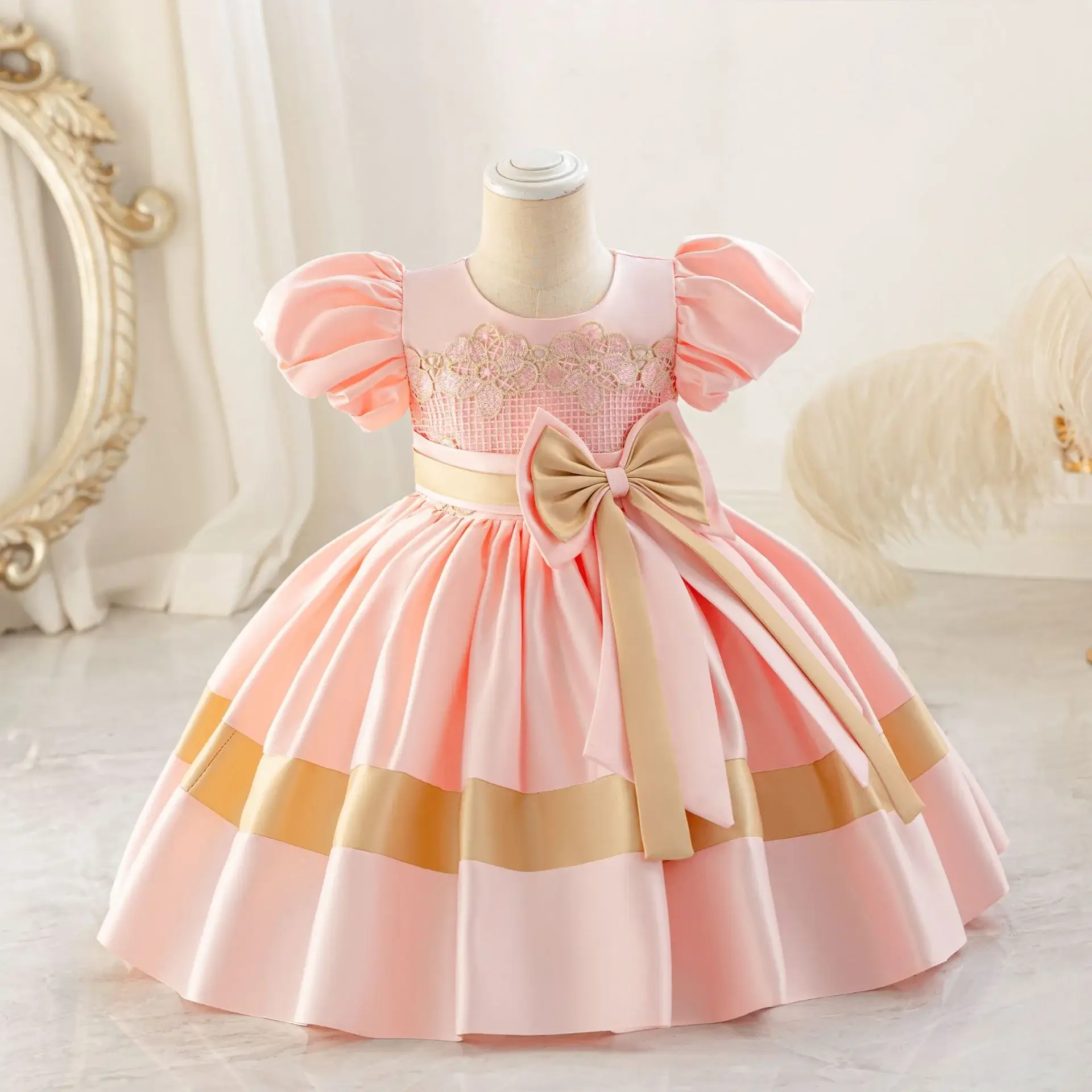 Girls' Pink Satin Bow Dress with Lace Puff Sleeves — feature 5