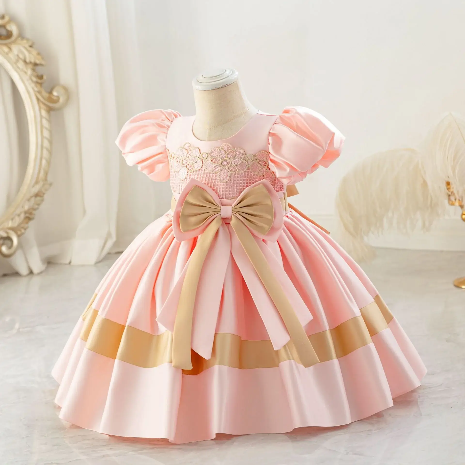 Girls' Pink Satin Bow Dress with Lace Puff Sleeves — feature 6