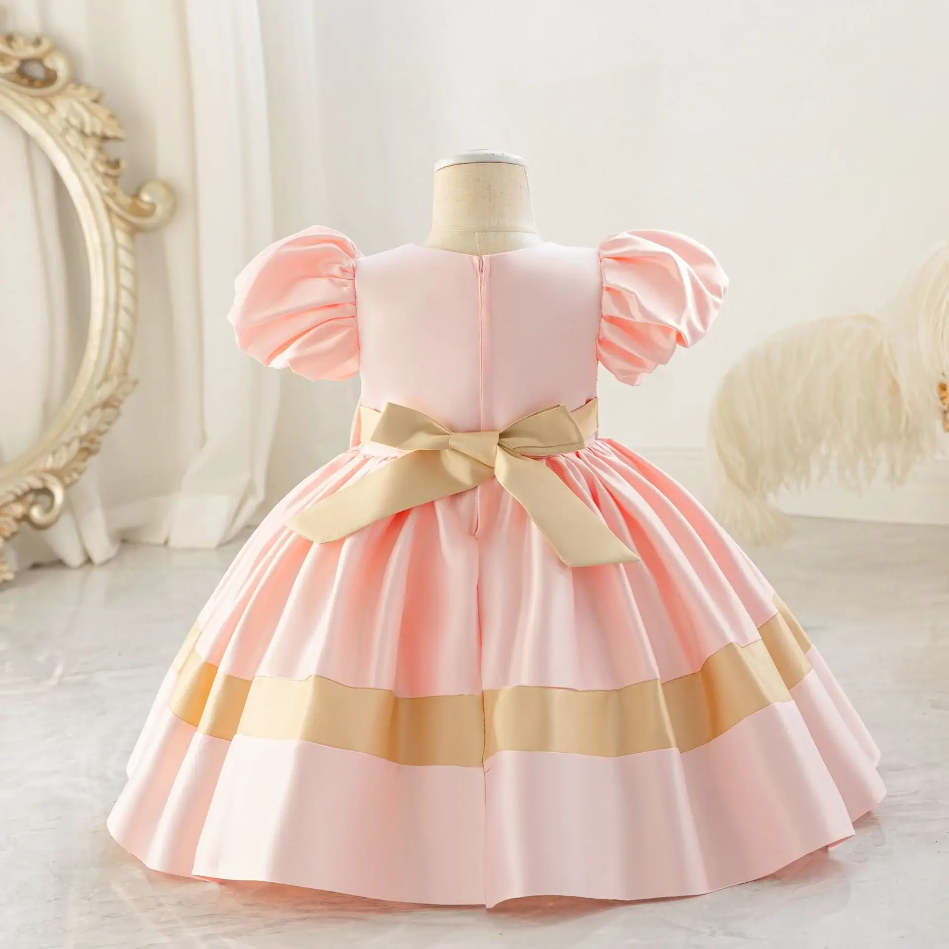 Girls' Pink Satin Bow Dress with Lace Puff Sleeves — feature 7