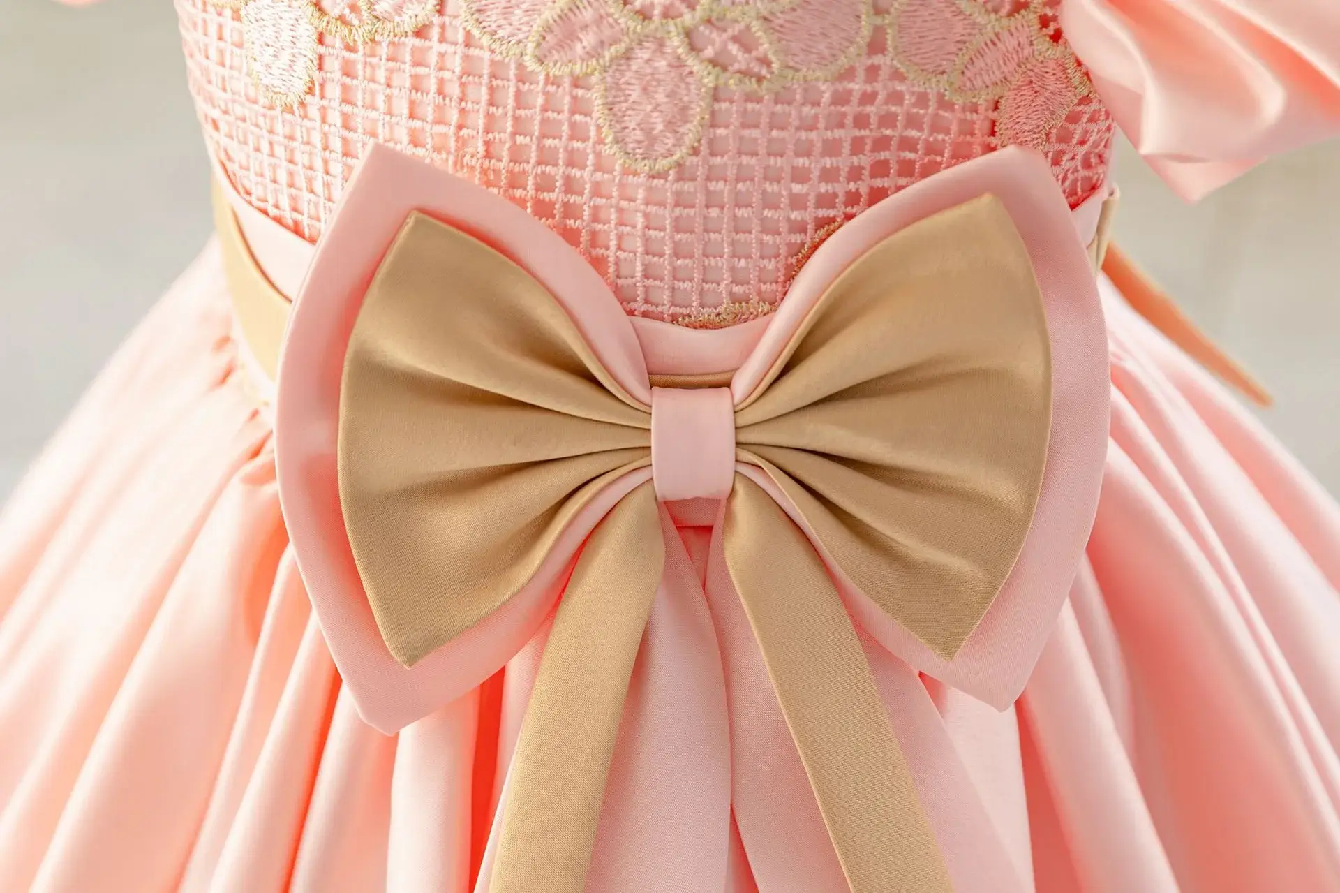 Girls' Pink Satin Bow Dress with Lace Puff Sleeves — feature 9