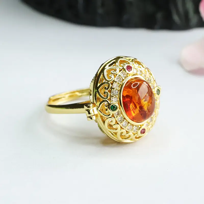 Guan Yu Natural Amber Ring with Flower Design