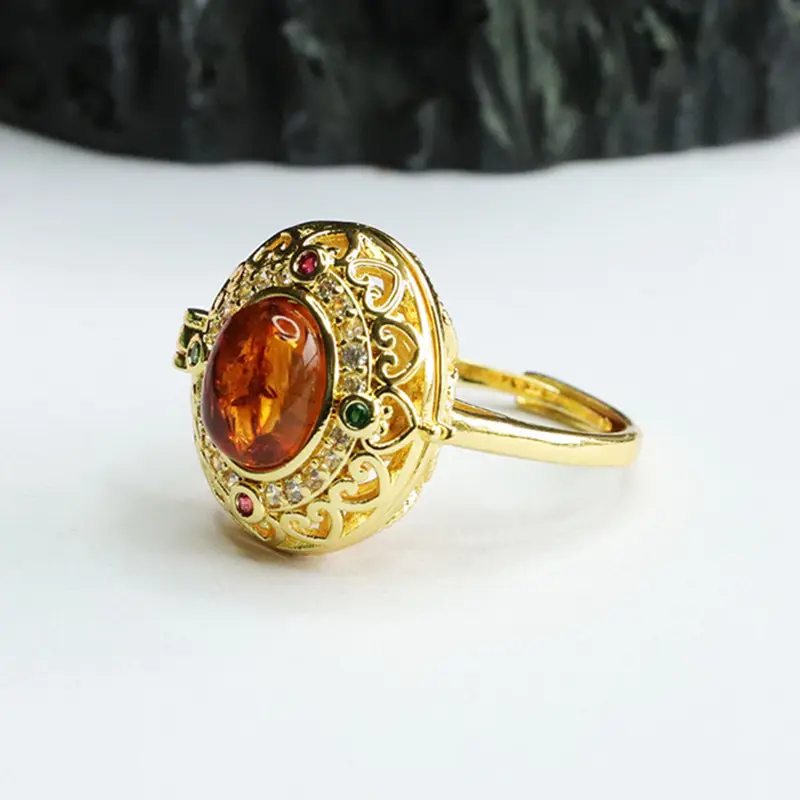 Guan Yu Natural Amber Ring with Flower Design