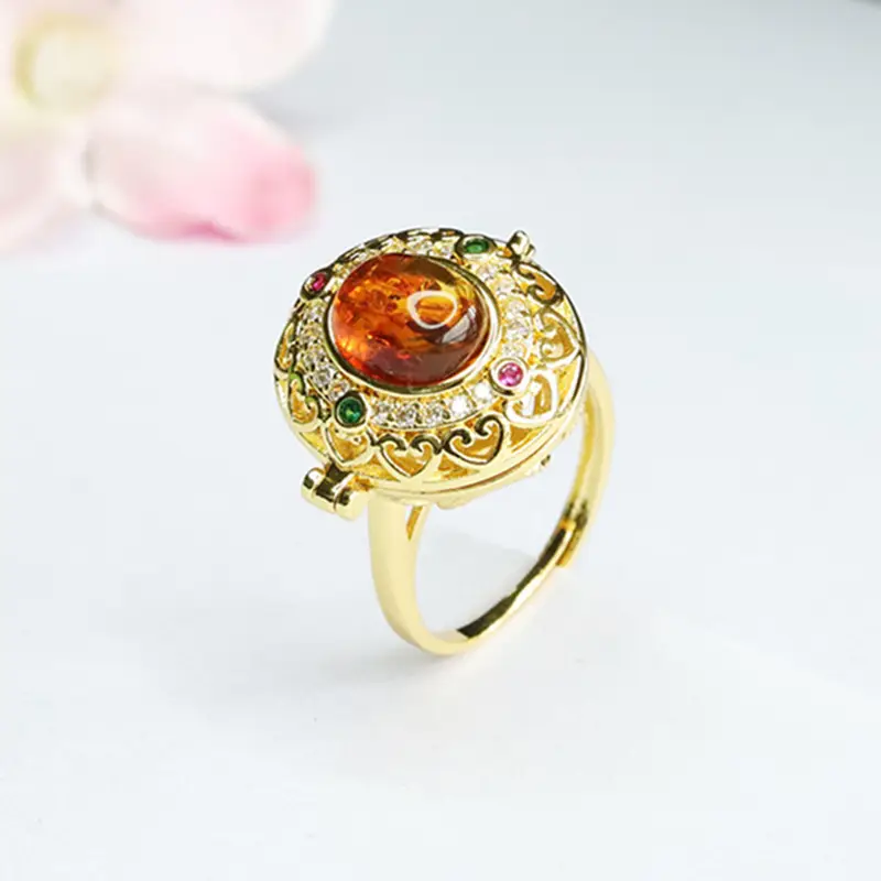 Guan Yu Natural Amber Ring with Flower Design