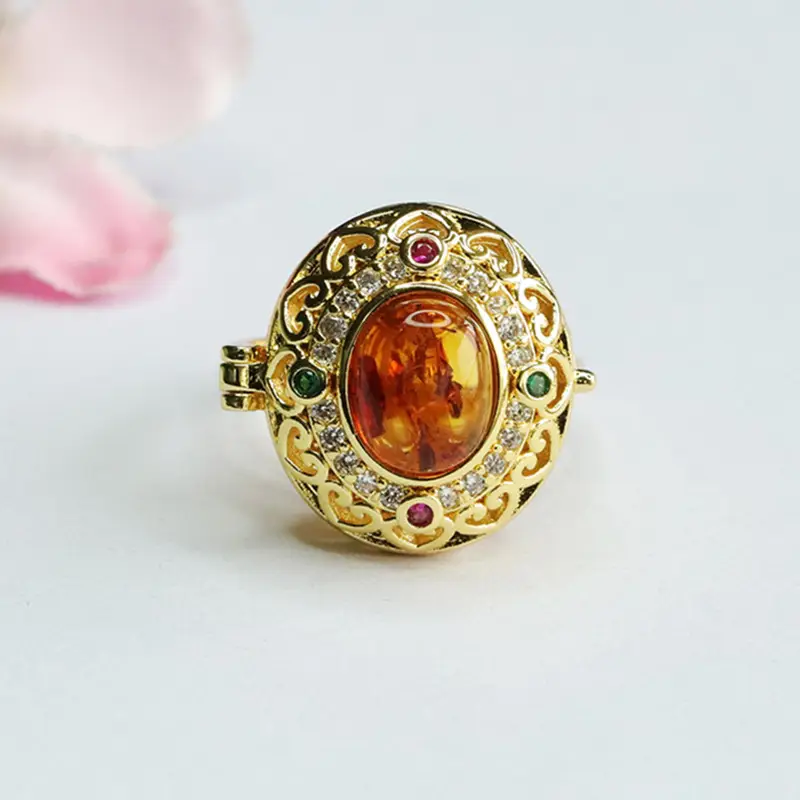 Guan Yu Natural Amber Ring with Flower Design — feature 7