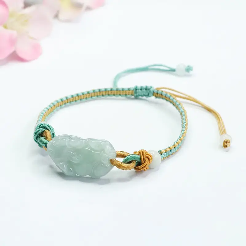 Green Jade Pixiu Hand Rope Bracelet with Gold Plated End - Image 5