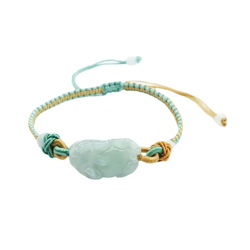 Green Jade Pixiu Hand Rope Bracelet with Gold Plated End - Image 6