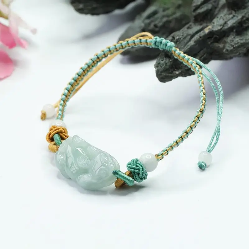 Green Jade Pixiu Hand Rope Bracelet with Gold Plated End — feature 10