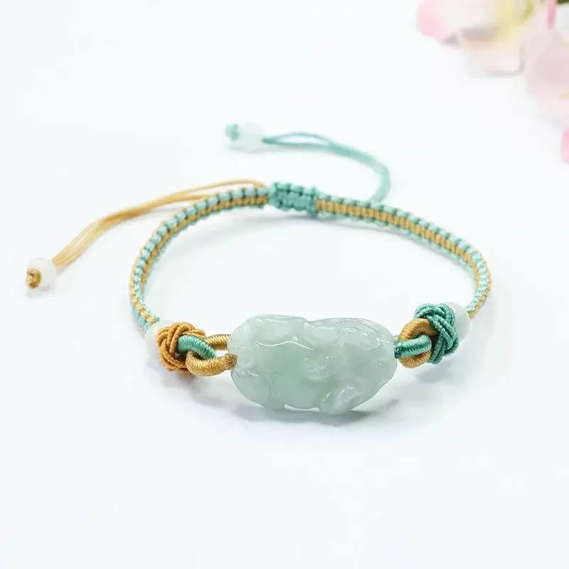 Green Jade Pixiu Hand Rope Bracelet with Gold Plated End — feature 3