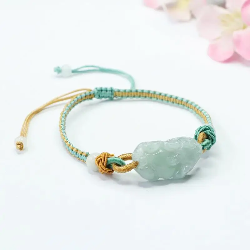 Green Jade Pixiu Hand Rope Bracelet with Gold Plated End — feature 4