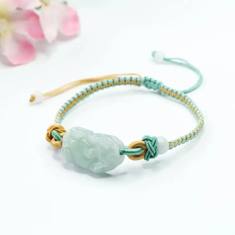 Green Jade Pixiu Hand Rope Bracelet with Gold Plated End — feature 5