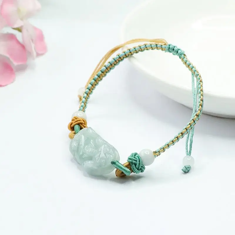 Green Jade Pixiu Hand Rope Bracelet with Gold Plated End — feature 6