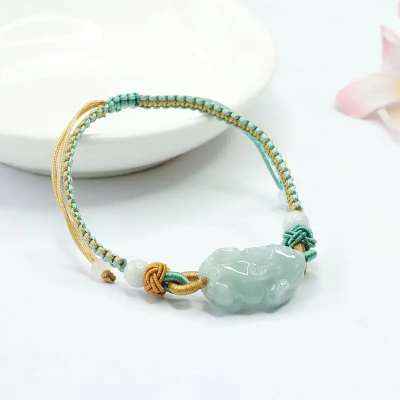Green Jade Pixiu Hand Rope Bracelet with Gold Plated End — feature 7