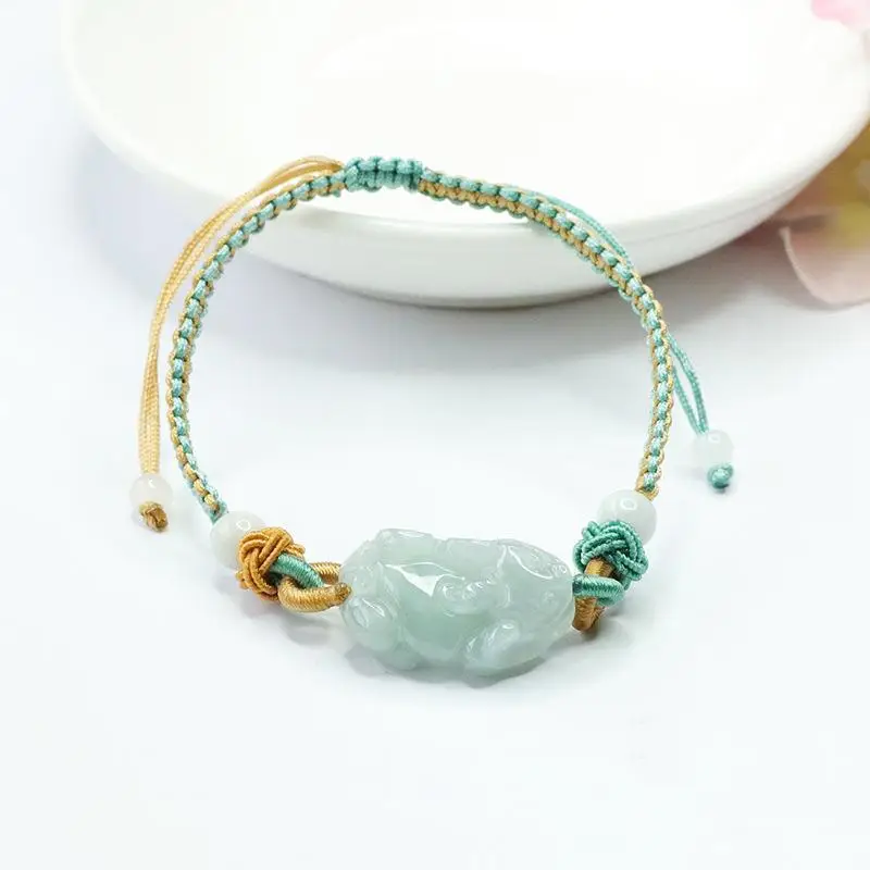 Green Jade Pixiu Hand Rope Bracelet with Gold Plated End — feature 8