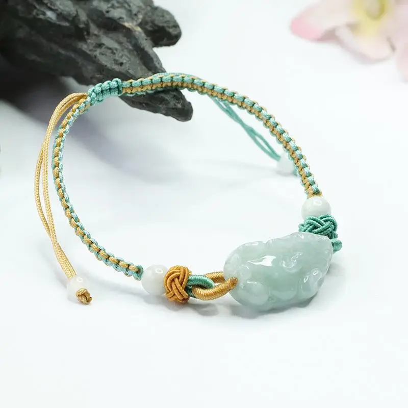 Green Jade Pixiu Hand Rope Bracelet with Gold Plated End — feature 9