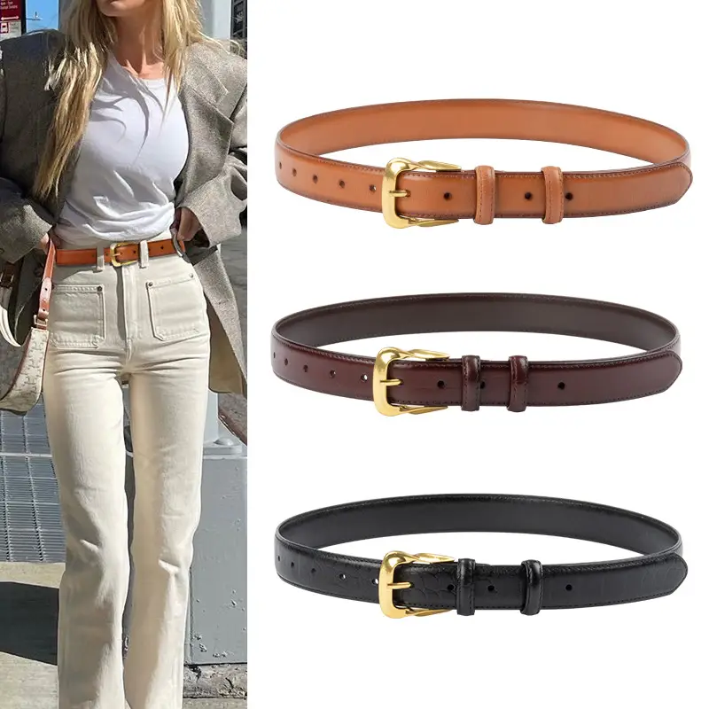 Women's Brown Genuine Leather Belt with Gold Buckle - Image 3