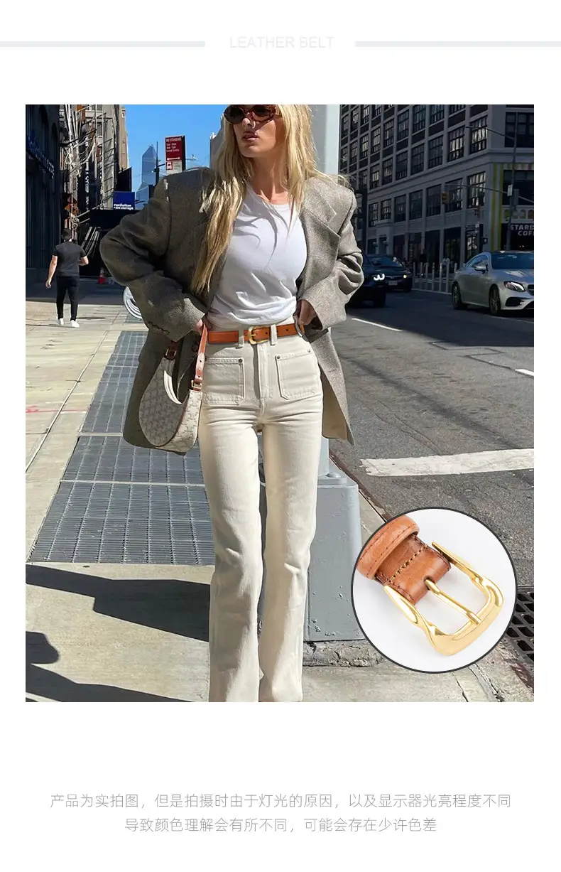 Women's Brown Genuine Leather Belt with Gold Buckle β feature 1