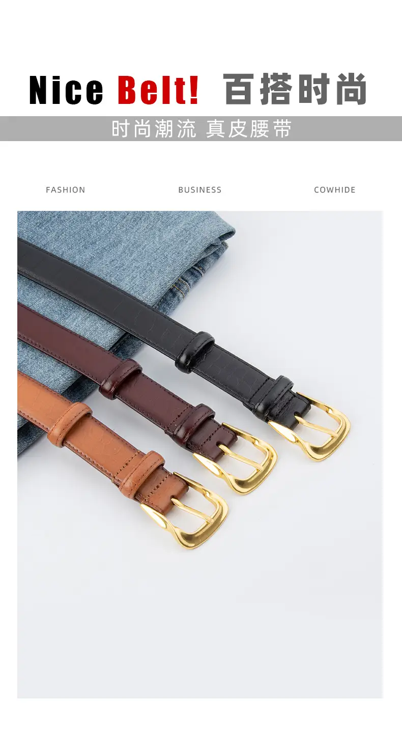 Women's Brown Genuine Leather Belt with Gold Buckle β feature 3