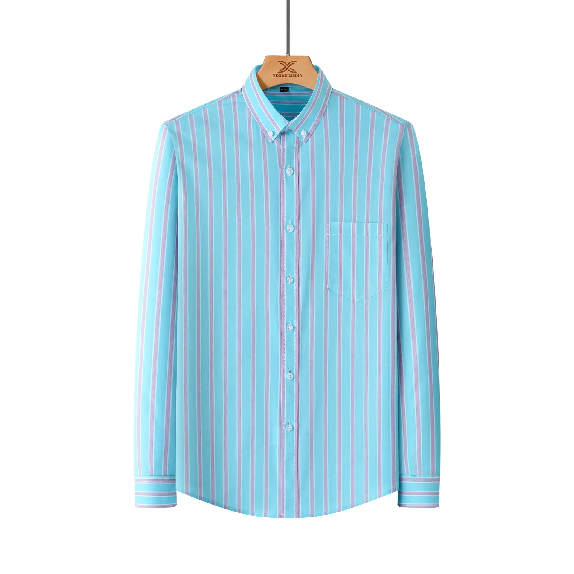 Men Striped Light Blue Loose Sleeve Shirt - Image 2