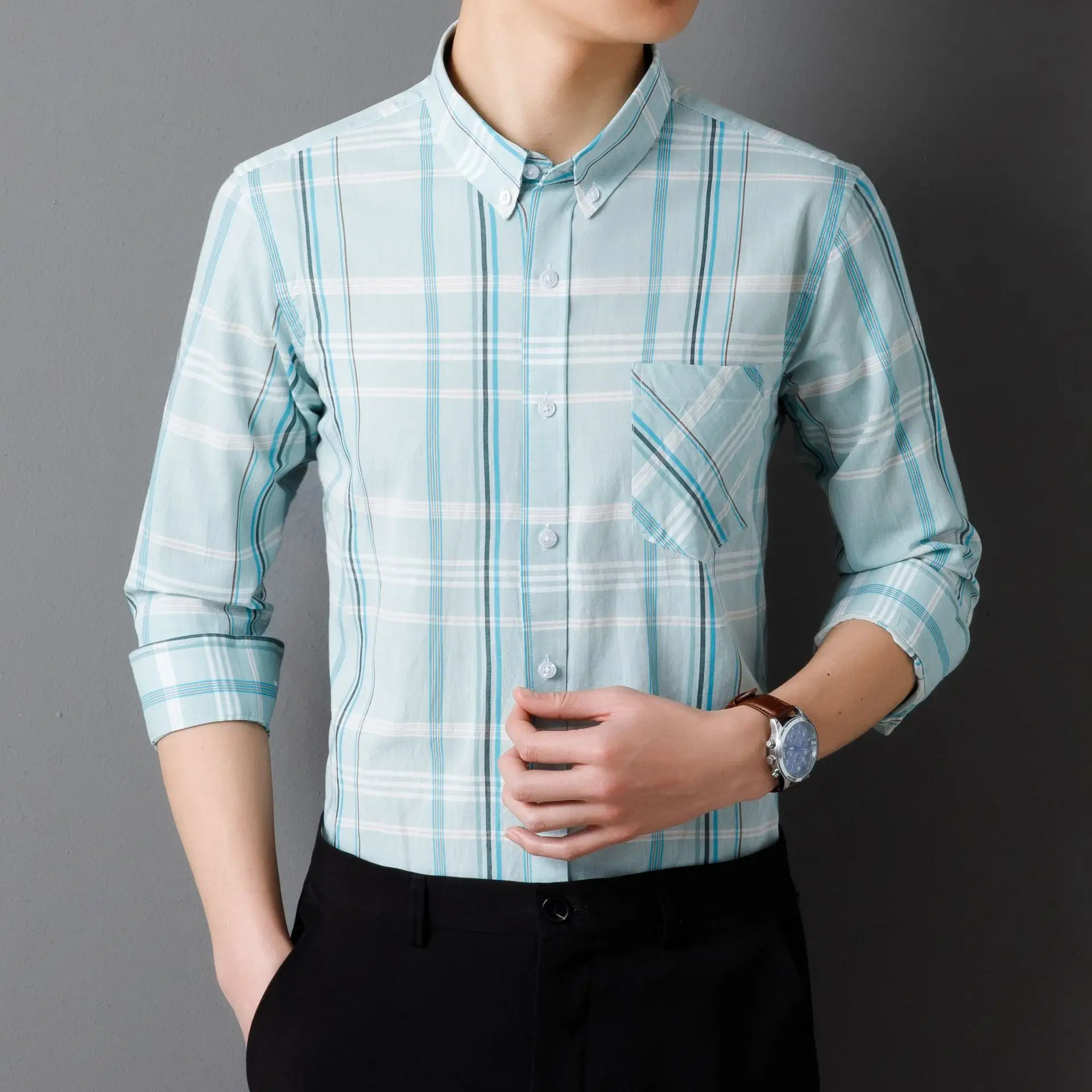 Men Striped Light Blue Loose Sleeve Shirt - Image 7