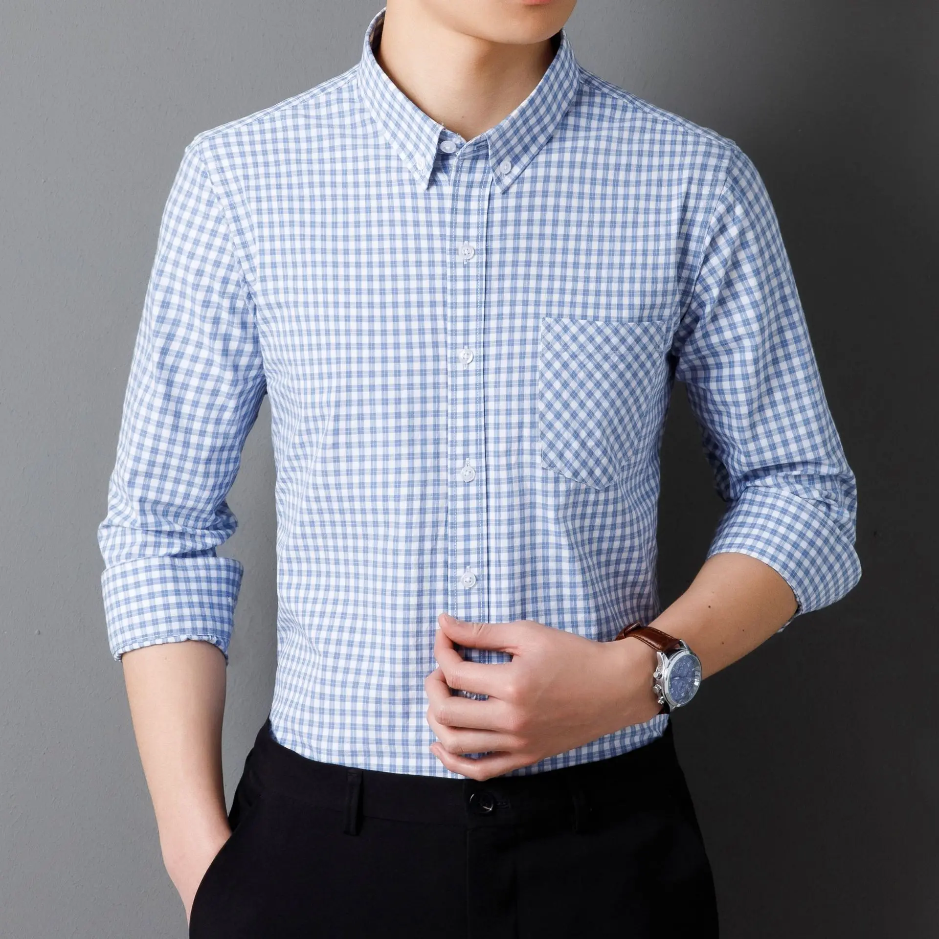 Men Striped Light Blue Loose Sleeve Shirt - Image 9