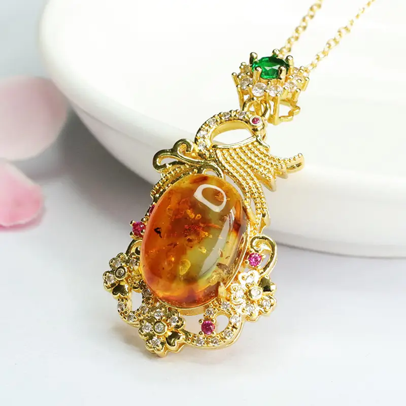 Natural Amber Pendant Necklace Phoenix Design Gold Plated