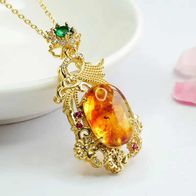 Natural Amber Pendant Necklace Phoenix Design Gold Plated