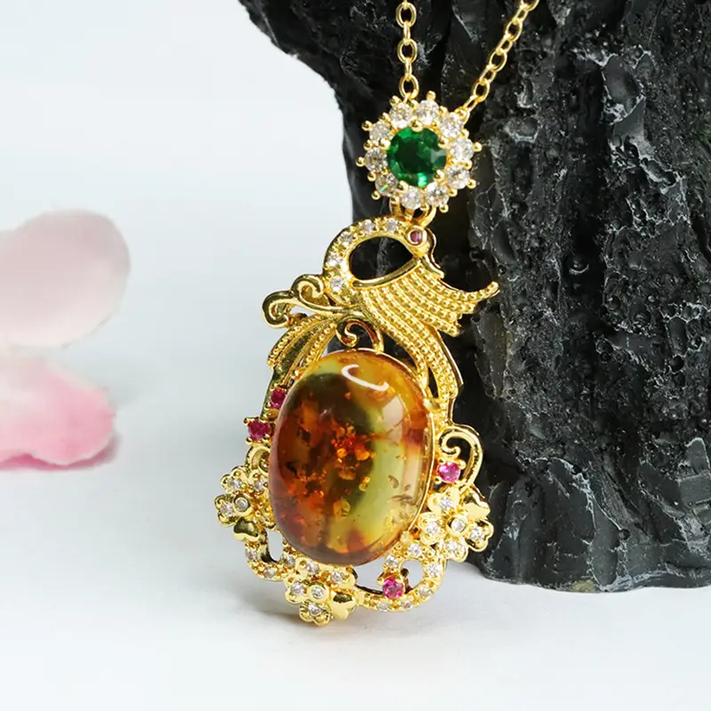 Natural Amber Pendant Necklace Phoenix Design Gold Plated