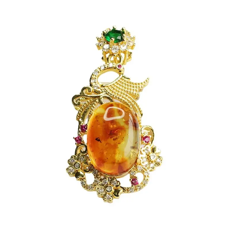 Natural Amber Pendant Necklace Phoenix Design Gold Plated