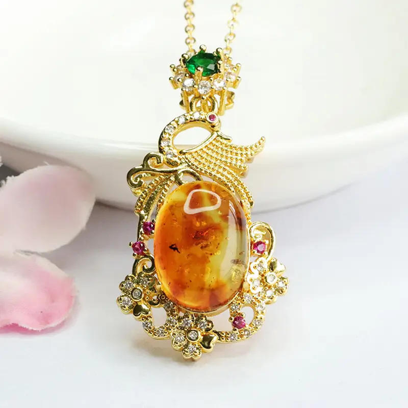 Natural Amber Pendant Necklace Phoenix Design Gold Plated — feature 4