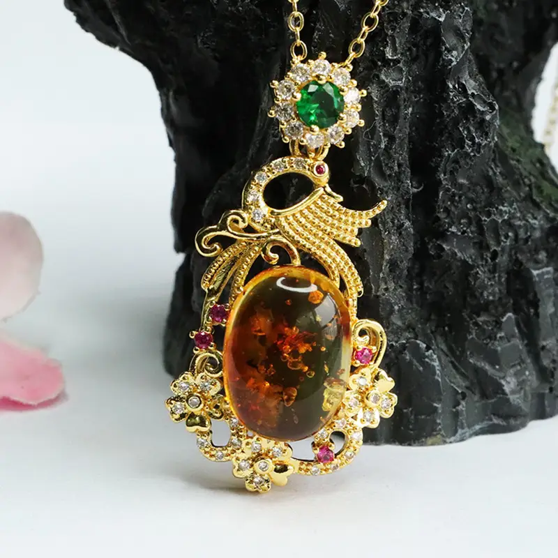 Natural Amber Pendant Necklace Phoenix Design Gold Plated — feature 7