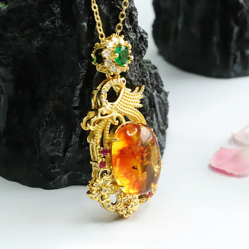 Natural Amber Pendant Necklace Phoenix Design Gold Plated — feature 9