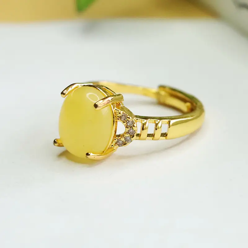 Aiyu Natural Amber Ring Honey Wax Ethnic Style Jewelry - Image 3