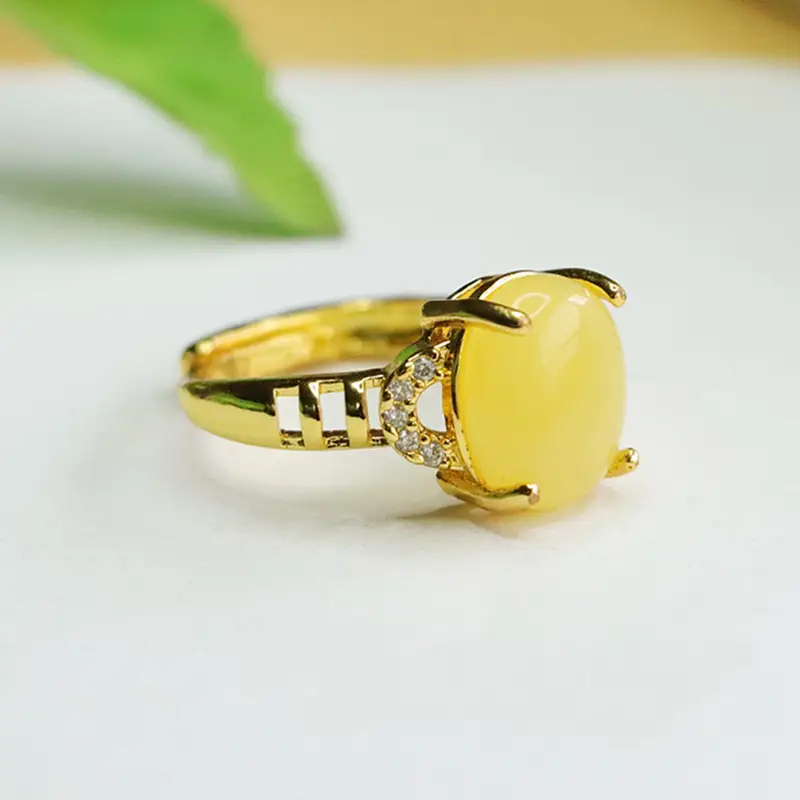 Aiyu Natural Amber Ring Honey Wax Ethnic Style Jewelry - Image 4