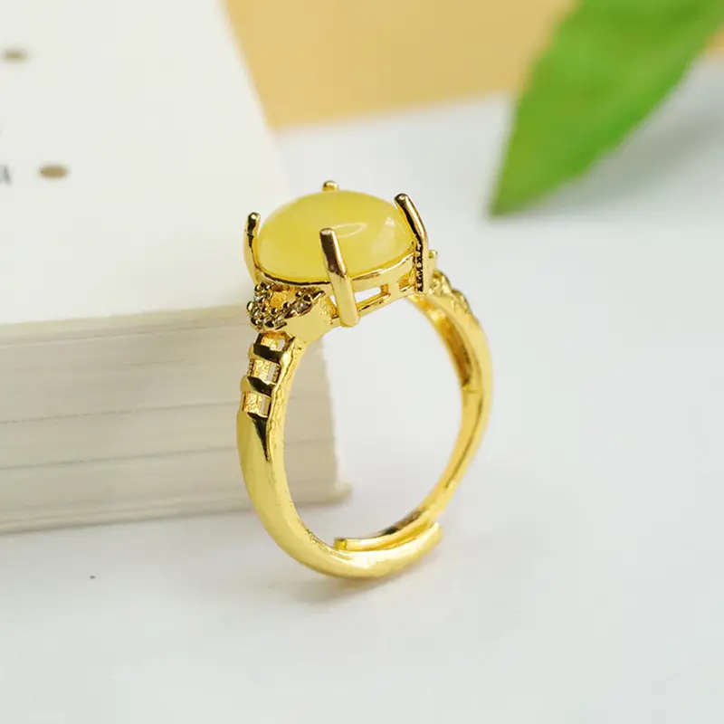 Aiyu Natural Amber Ring Honey Wax Ethnic Style Jewelry - Image 5