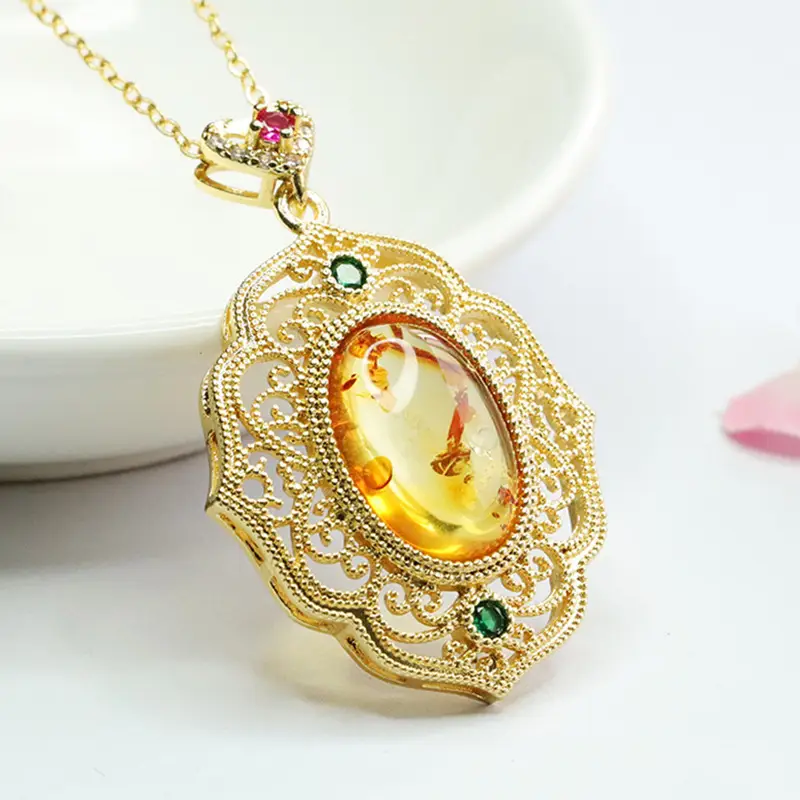 Guan Yu Natural Amber Pendant Necklace for Women