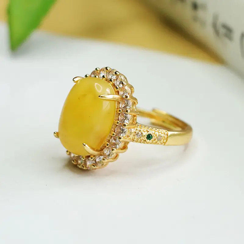 Aiyu Natural Amber Ring with Diamond Set - Image 4