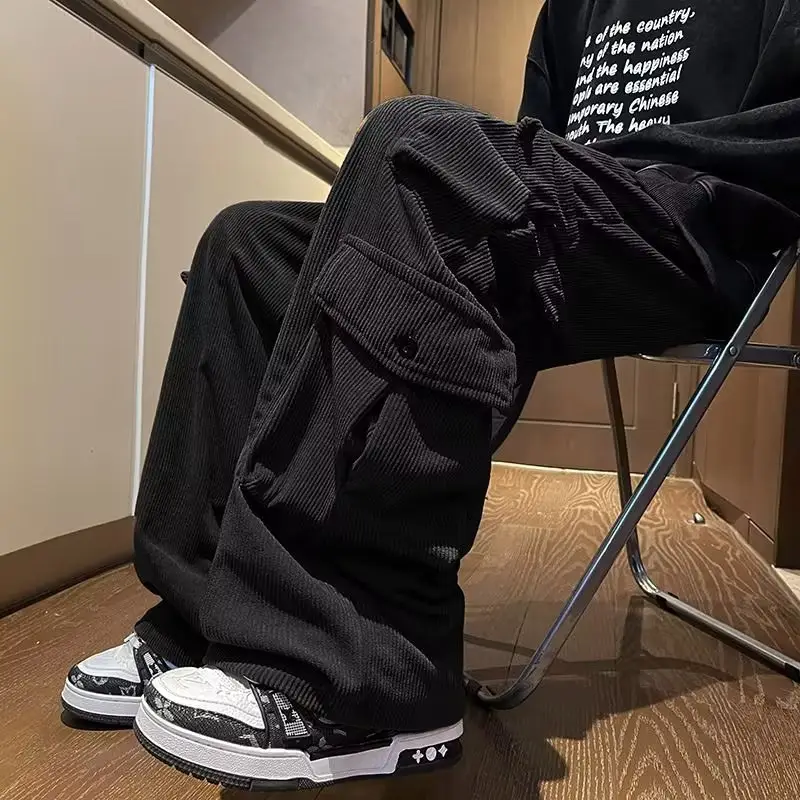 Men's Retro Wide Leg Pants Black Cargo Pants - Image 4