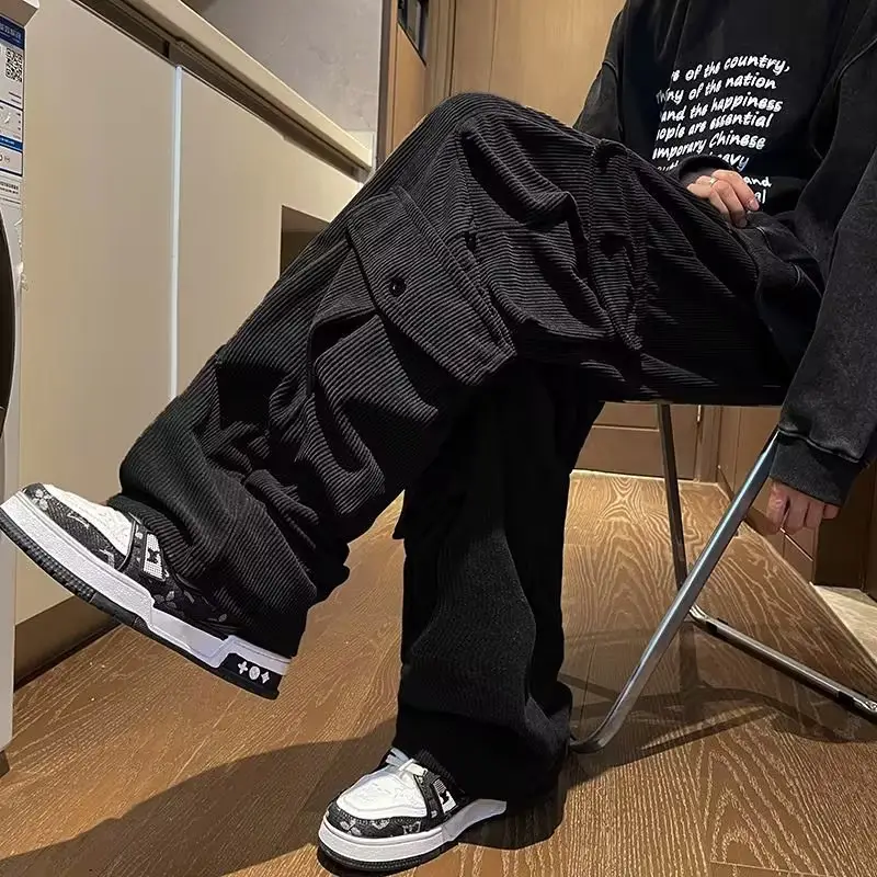 Men's Retro Wide Leg Pants Black Cargo Pants - Image 6