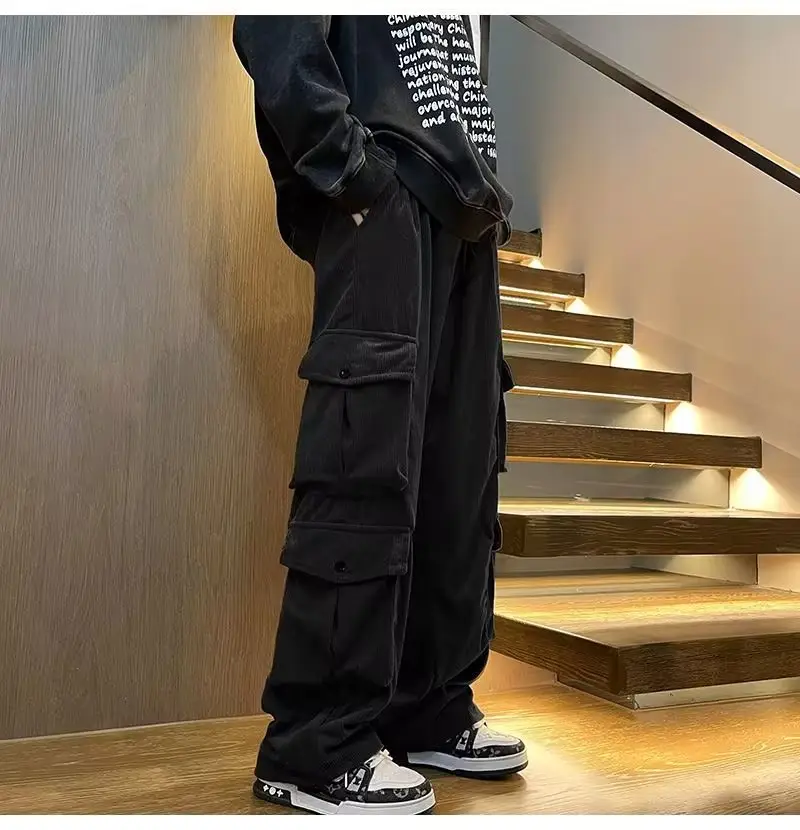 Men's Retro Wide Leg Pants Black Cargo Pants — feature 12