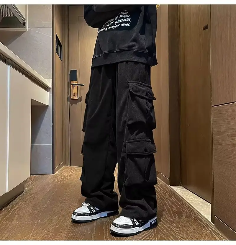 Men's Retro Wide Leg Pants Black Cargo Pants — feature 16
