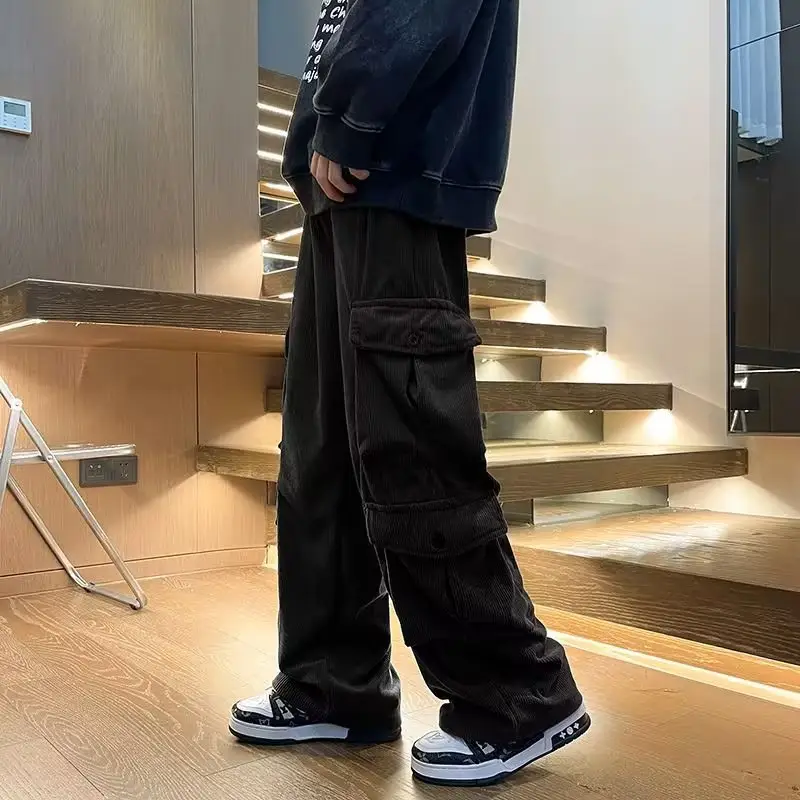 Men's Retro Wide Leg Pants Black Cargo Pants - Image 2