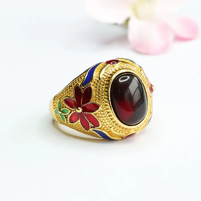 Guan Yu Ethnic Amber Ring Blood Red Floral Design - Image 3